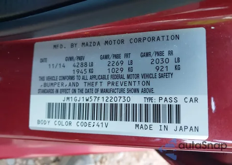 2015 Mazda Mazda6 I Grand Touring from USA, damaged, VIN JM1GJ1W57F1220730